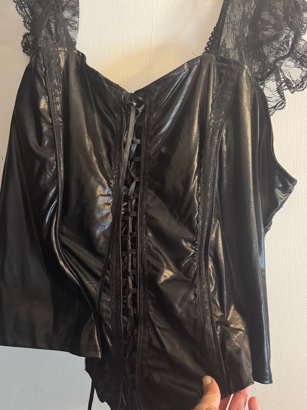Black Lace-Trim Faux Leather Corset Top